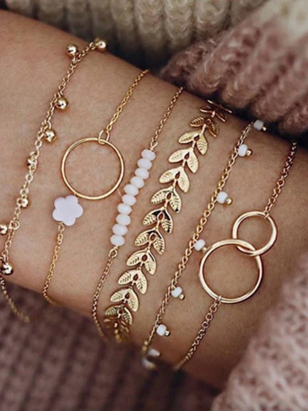 Gold Layered Bracelet Set with White Bead Accents
